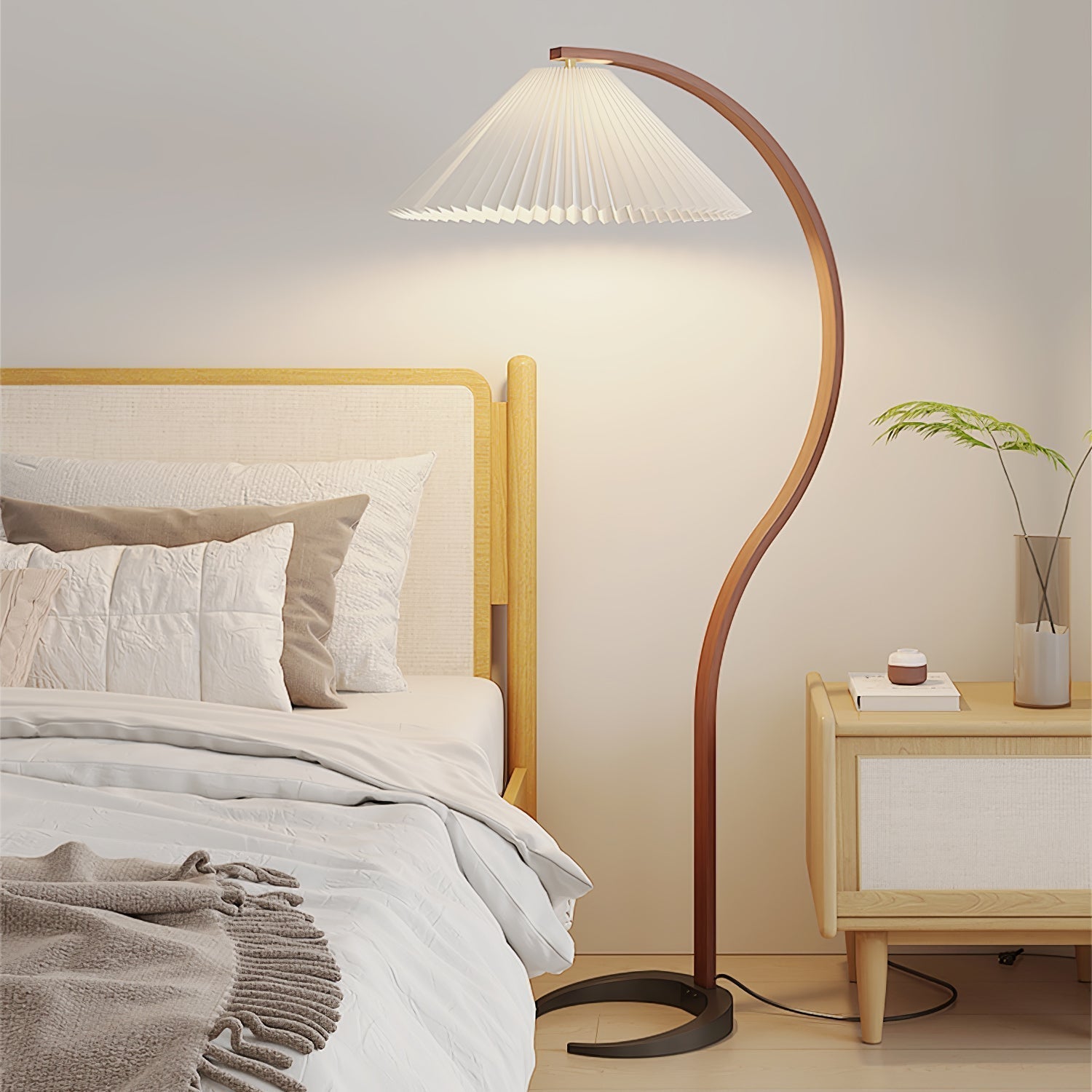 Scandinavian Beech Wood Floor Lamp with Pleated Linen Shade Mid Century Modern Standing Light