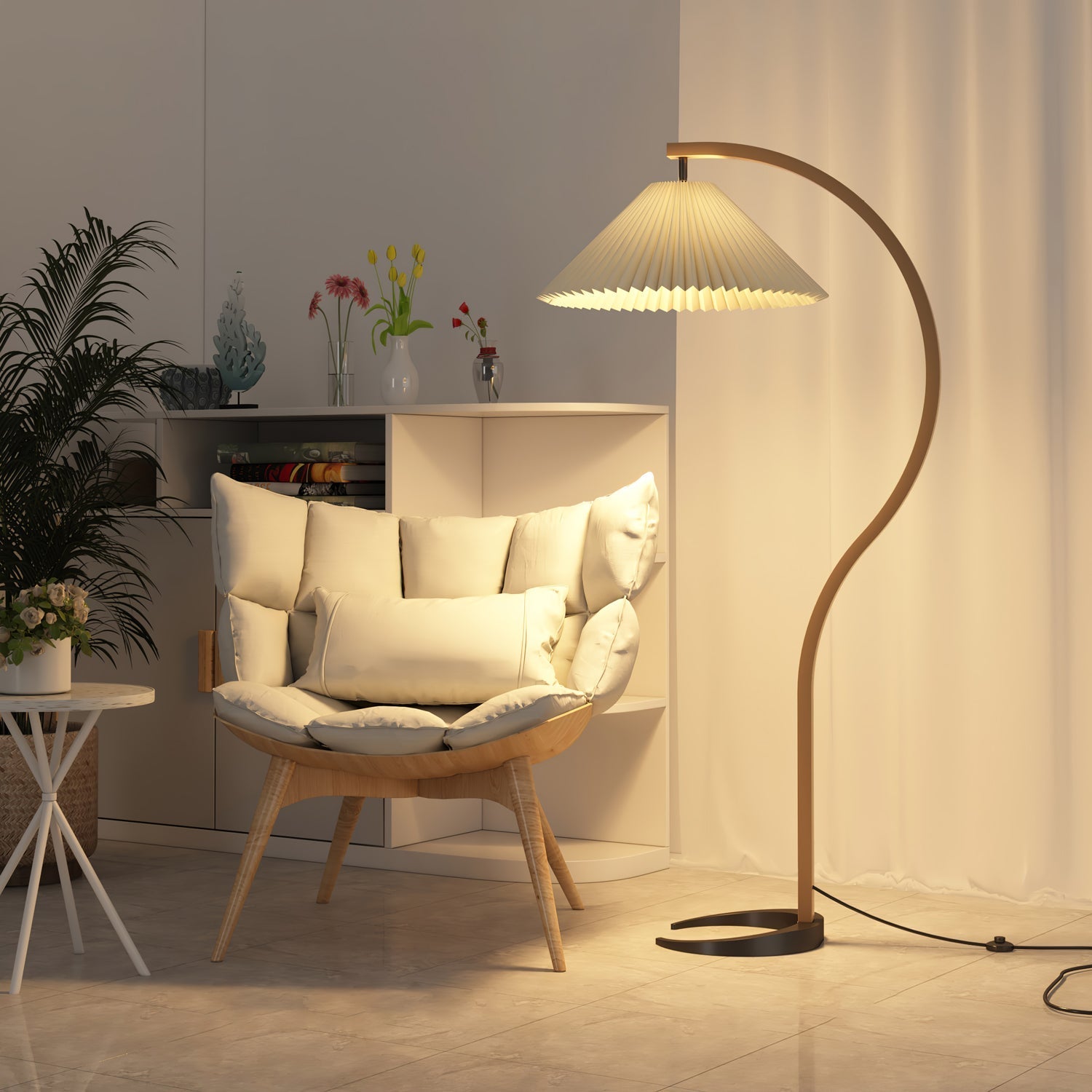 Scandinavian Beech Wood Floor Lamp with Pleated Linen Shade Mid Century Modern Standing Light