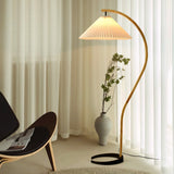 Scandinavian Beech Wood Floor Lamp with Pleated Linen Shade Mid Century Modern Standing Light