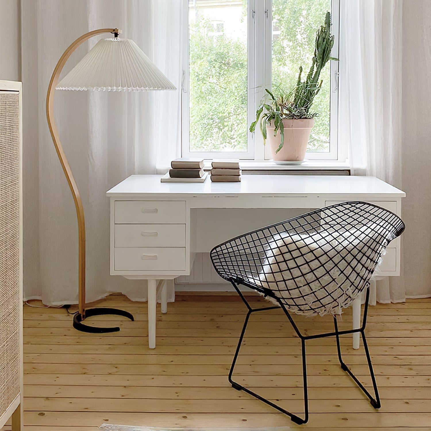 Scandinavian Beech Wood Floor Lamp with Pleated Linen Shade Mid Century Modern Standing Light