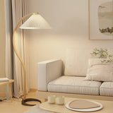 Scandinavian Beech Wood Floor Lamp with Pleated Linen Shade Mid Century Modern Standing Light