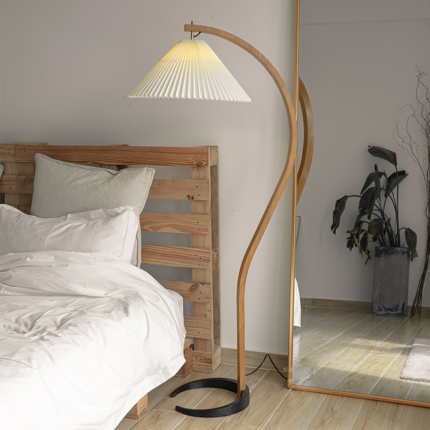Scandinavian Beech Wood Floor Lamp with Pleated Linen Shade Mid Century Modern Standing Light