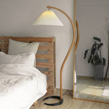 Scandinavian Beech Wood Floor Lamp with Pleated Linen Shade Mid Century Modern Standing Light