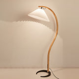 Scandinavian Beech Wood Floor Lamp with Pleated Linen Shade Mid Century Modern Standing Light