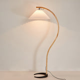 Scandinavian Beech Wood Floor Lamp with Pleated Linen Shade Mid Century Modern Standing Light