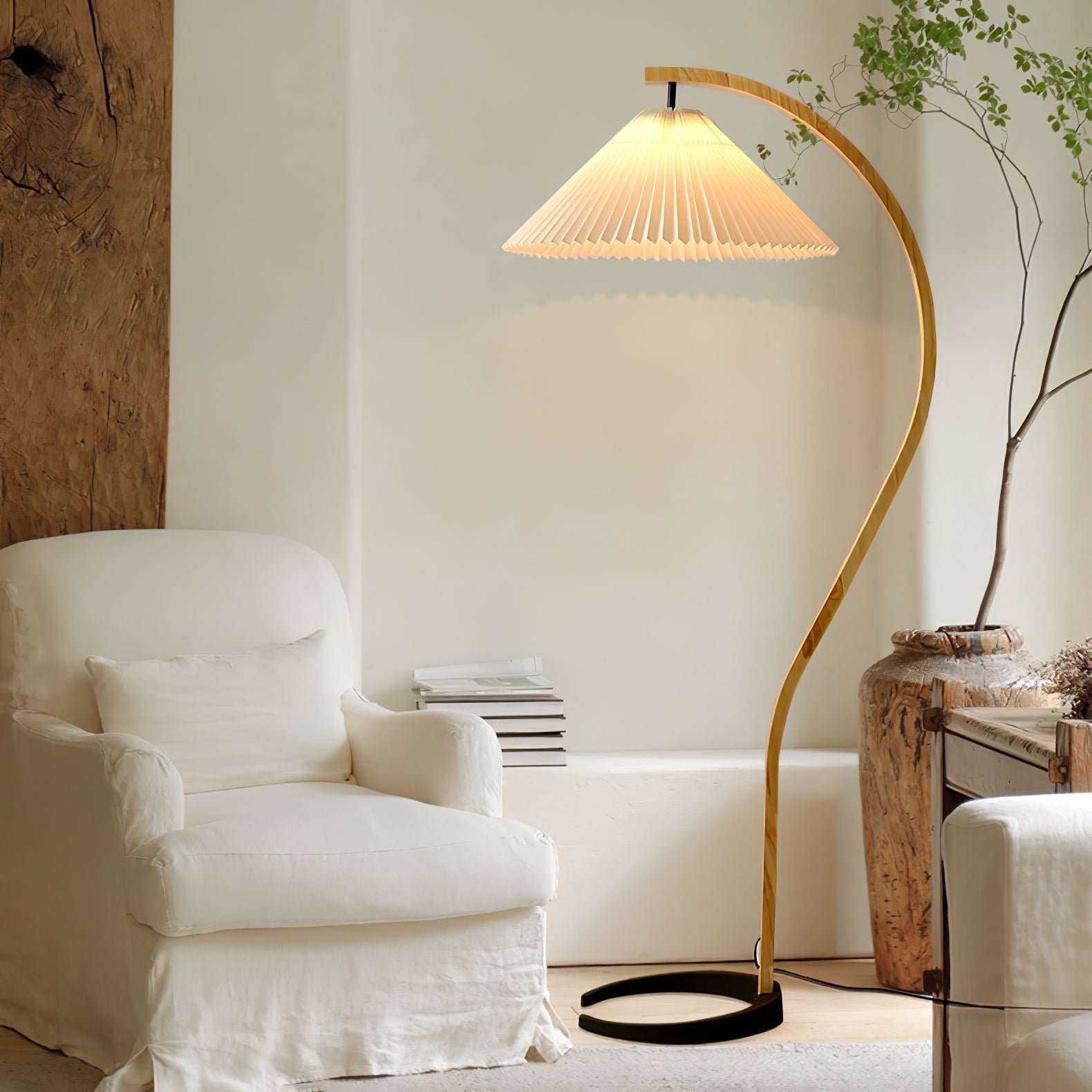 Scandinavian Beech Wood Floor Lamp with Pleated Linen Shade Mid Century Modern Standing Light