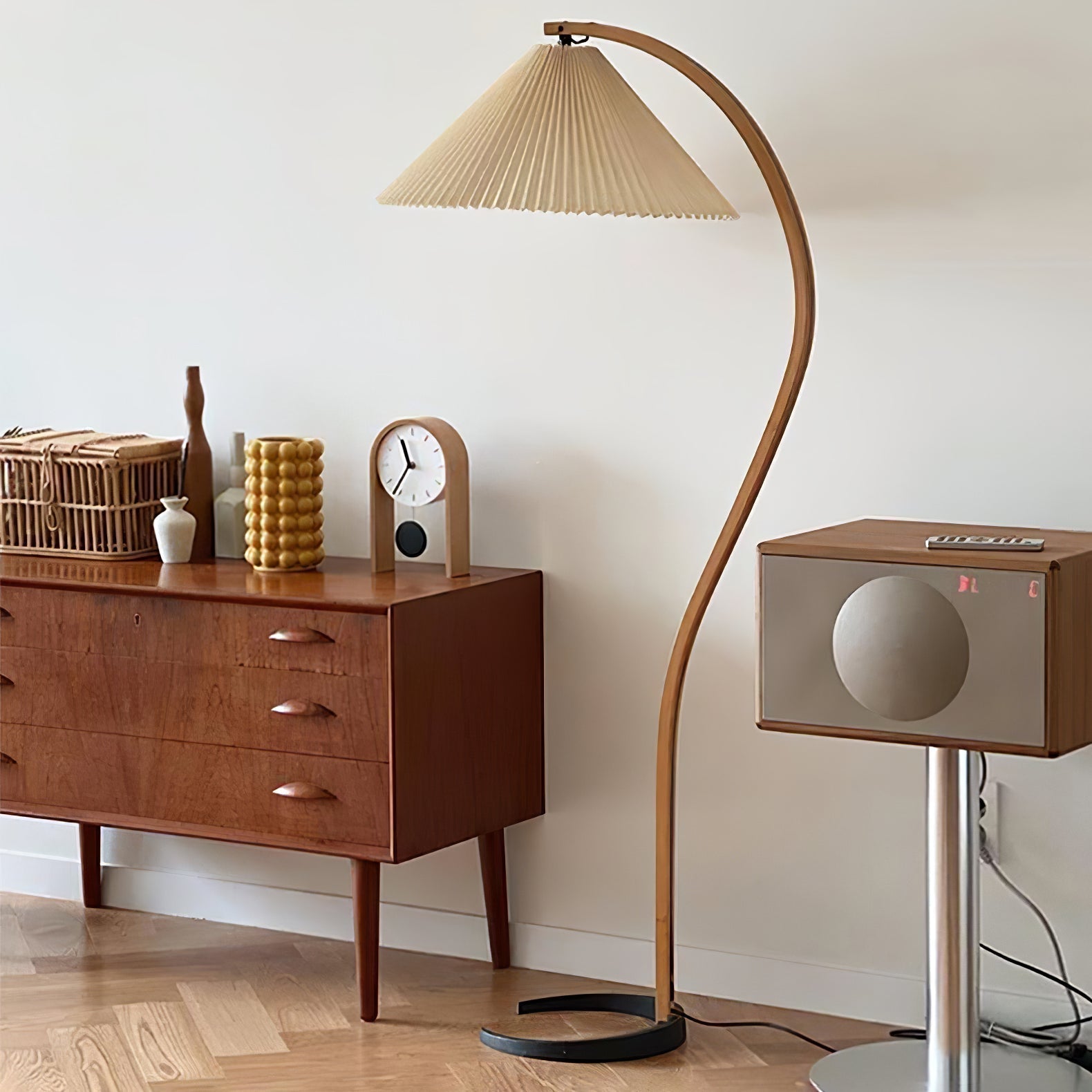 Scandinavian Beech Wood Floor Lamp with Pleated Linen Shade Mid Century Modern Standing Light