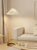 Scandinavian Beech Wood Floor Lamp with Pleated Linen Shade Mid Century Modern Standing Light