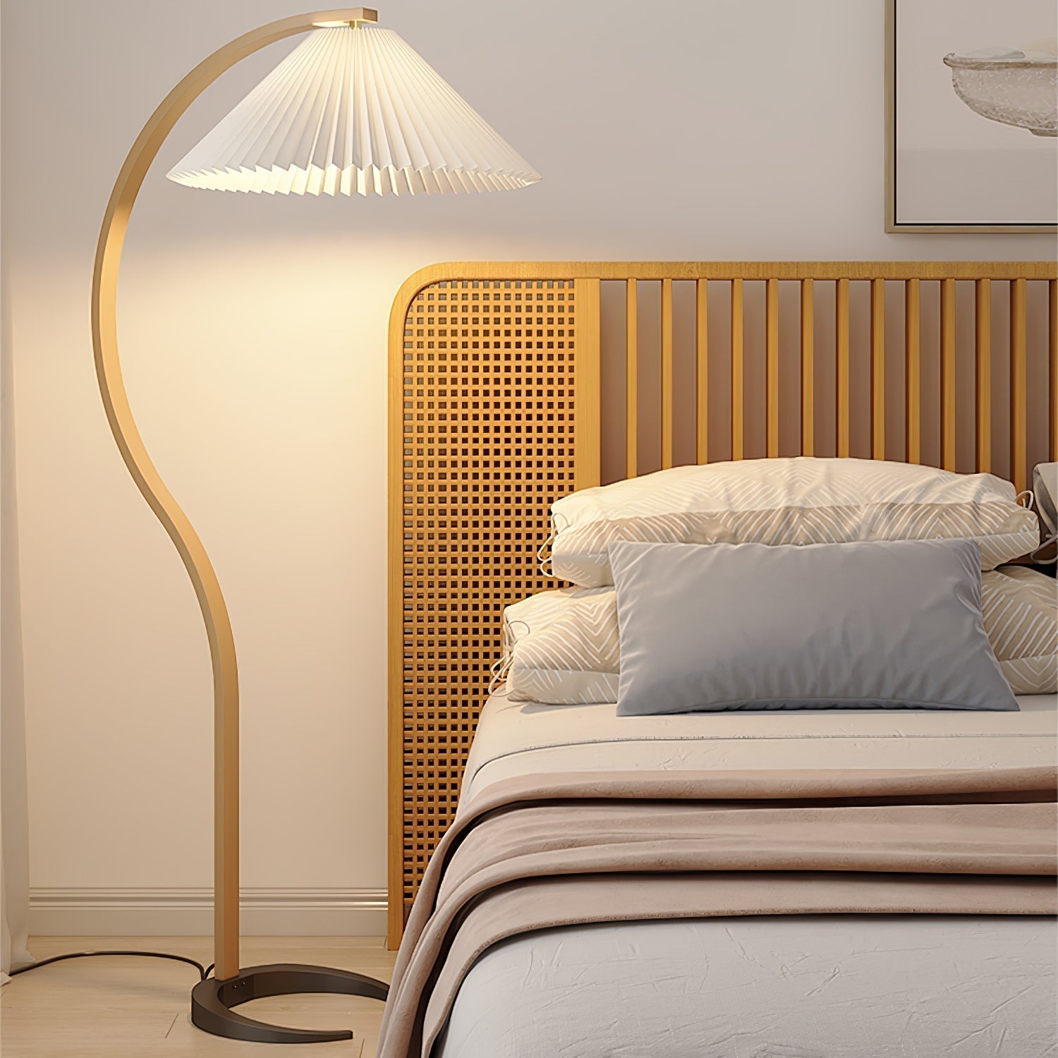 Scandinavian Beech Wood Floor Lamp with Pleated Linen Shade Mid Century Modern Standing Light