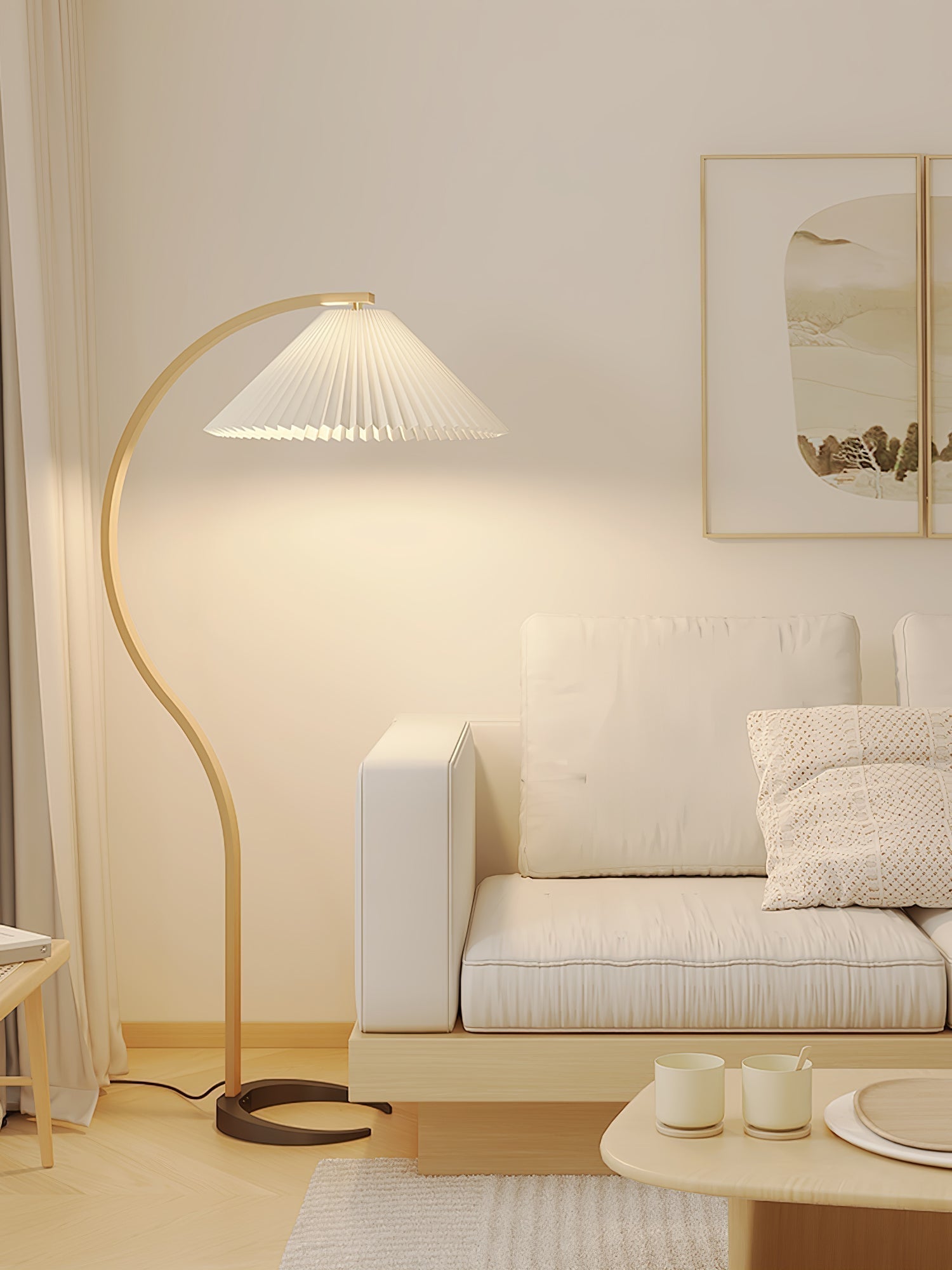 Scandinavian Beech Wood Floor Lamp with Pleated Linen Shade Mid Century Modern Standing Light