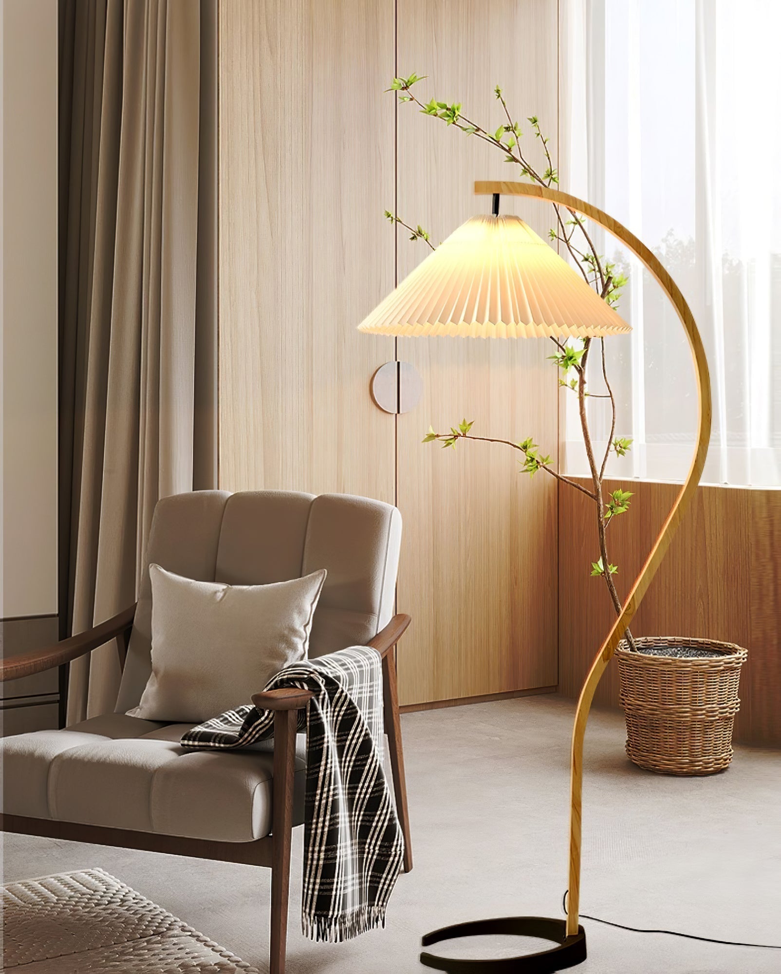 Scandinavian Beech Wood Floor Lamp with Pleated Linen Shade Mid Century Modern Standing Light