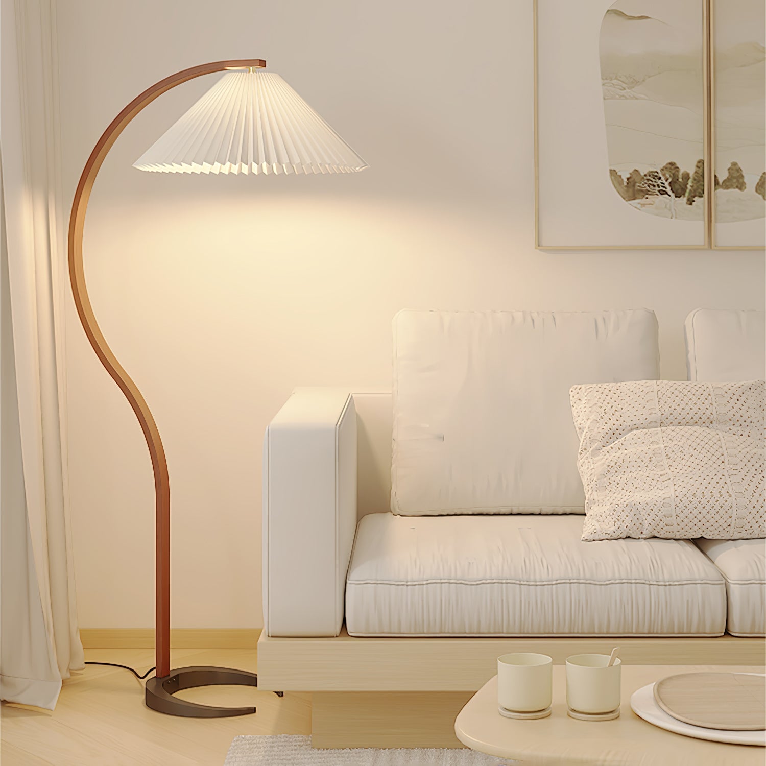 Scandinavian Beech Wood Floor Lamp with Pleated Linen Shade Mid Century Modern Standing Light