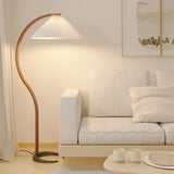 Scandinavian Beech Wood Floor Lamp with Pleated Linen Shade Mid Century Modern Standing Light