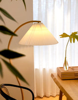 Scandinavian Beech Wood Floor Lamp with Pleated Linen Shade Mid Century Modern Standing Light