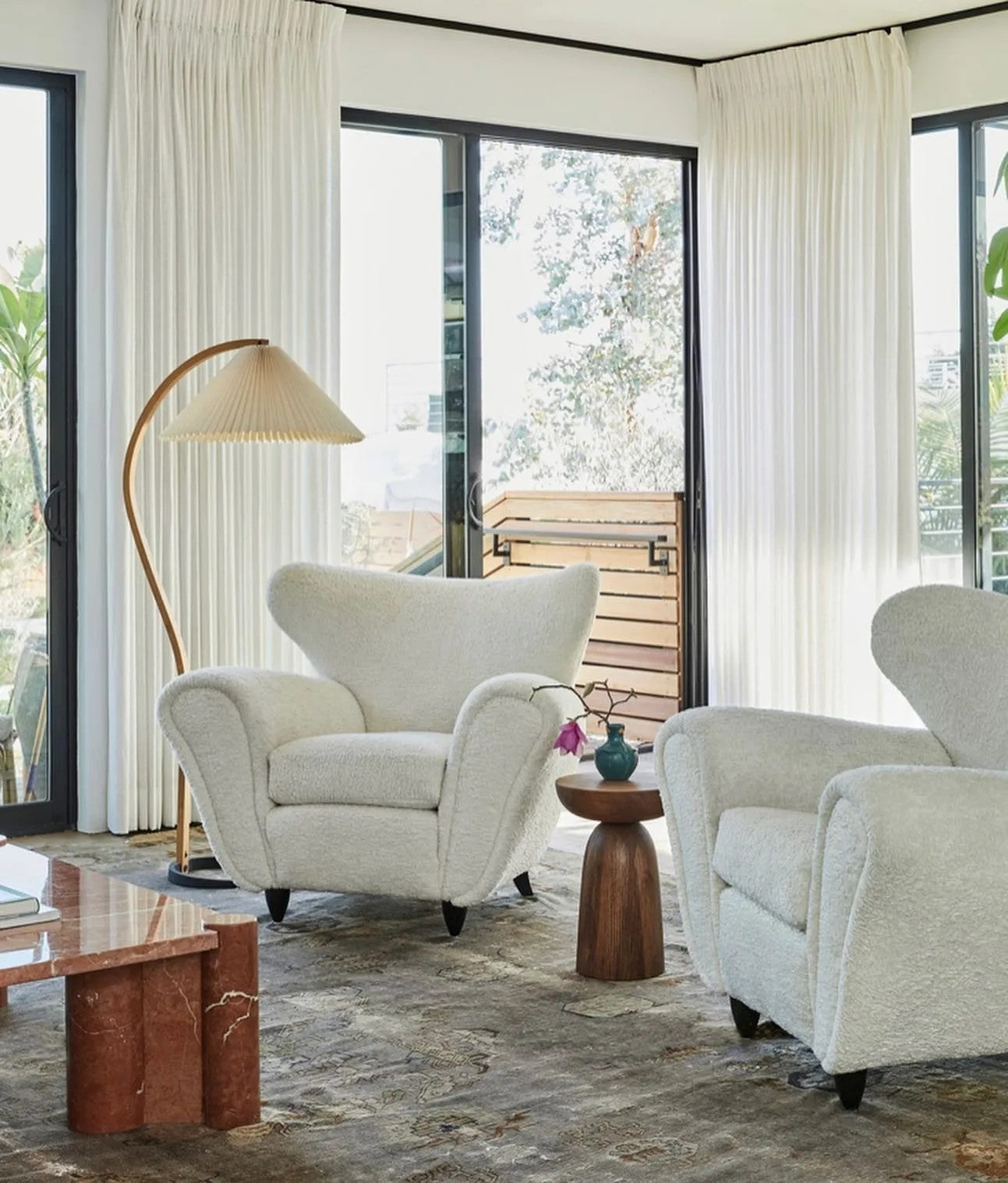 Scandinavian Beech Wood Floor Lamp with Pleated Linen Shade Mid Century Modern Standing Light