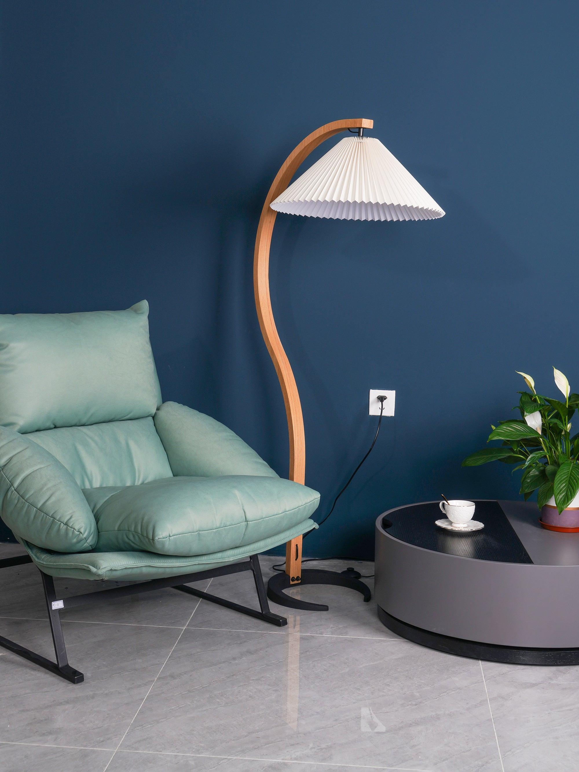 Scandinavian Beech Wood Floor Lamp with Pleated Linen Shade Mid Century Modern Standing Light