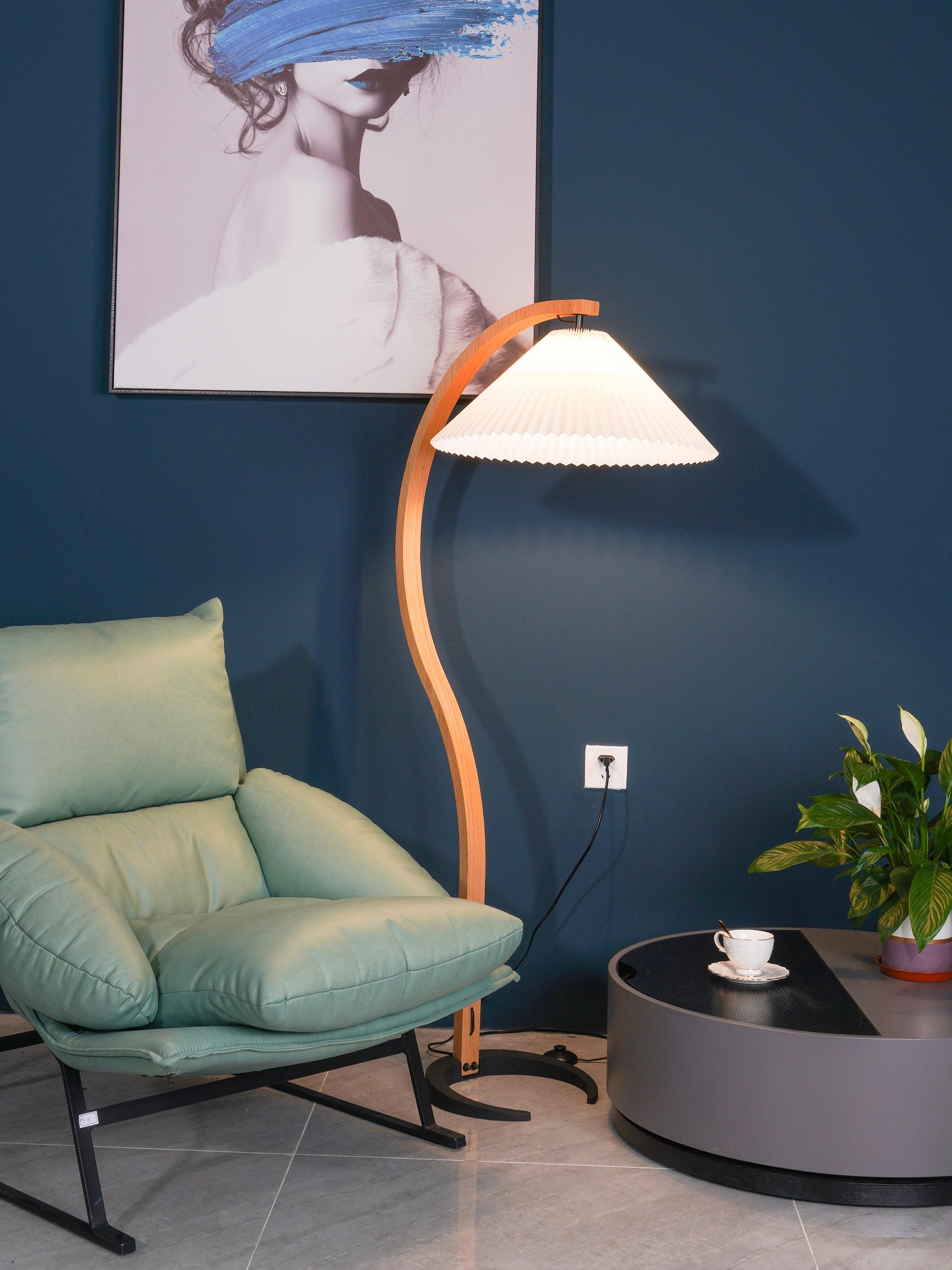 Scandinavian Beech Wood Floor Lamp with Pleated Linen Shade Mid Century Modern Standing Light