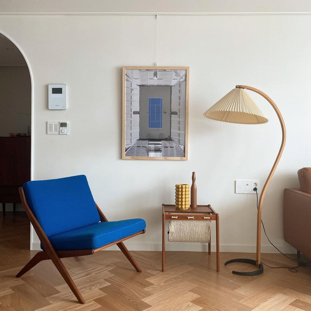 Scandinavian Beech Wood Floor Lamp with Pleated Linen Shade Mid Century Modern Standing Light