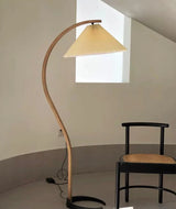 Scandinavian Beech Wood Floor Lamp with Pleated Linen Shade Mid Century Modern Standing Light
