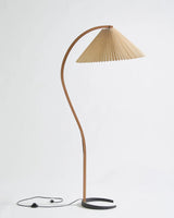 Scandinavian Beech Wood Floor Lamp with Pleated Linen Shade Mid Century Modern Standing Light
