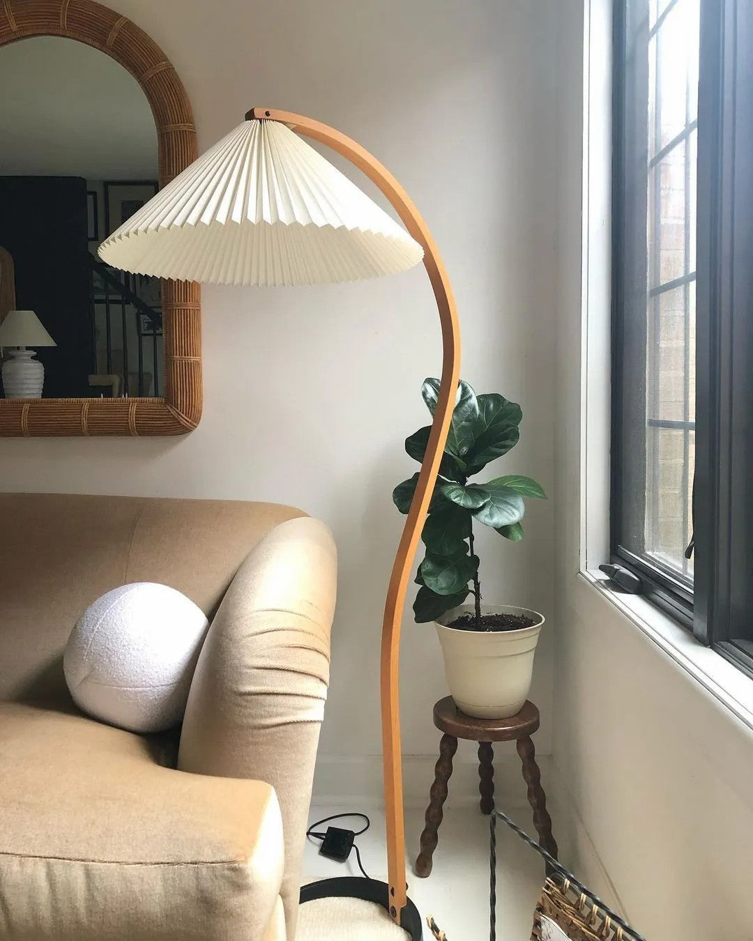 Scandinavian Beech Wood Floor Lamp with Pleated Linen Shade Mid Century Modern Standing Light