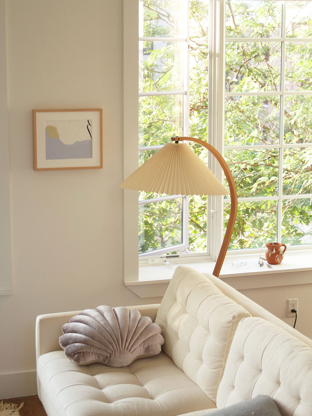 Scandinavian Beech Wood Floor Lamp with Pleated Linen Shade Mid Century Modern Standing Light