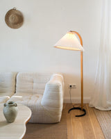 Scandinavian Beech Wood Floor Lamp with Pleated Linen Shade Mid Century Modern Standing Light