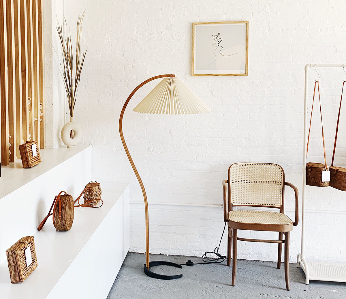 Scandinavian Beech Wood Floor Lamp with Pleated Linen Shade Mid Century Modern Standing Light