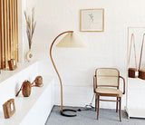 Scandinavian Beech Wood Floor Lamp with Pleated Linen Shade Mid Century Modern Standing Light