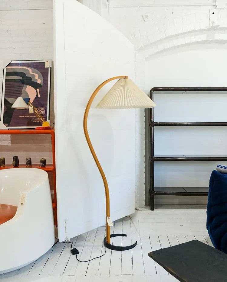 Scandinavian Beech Wood Floor Lamp with Pleated Linen Shade Mid Century Modern Standing Light