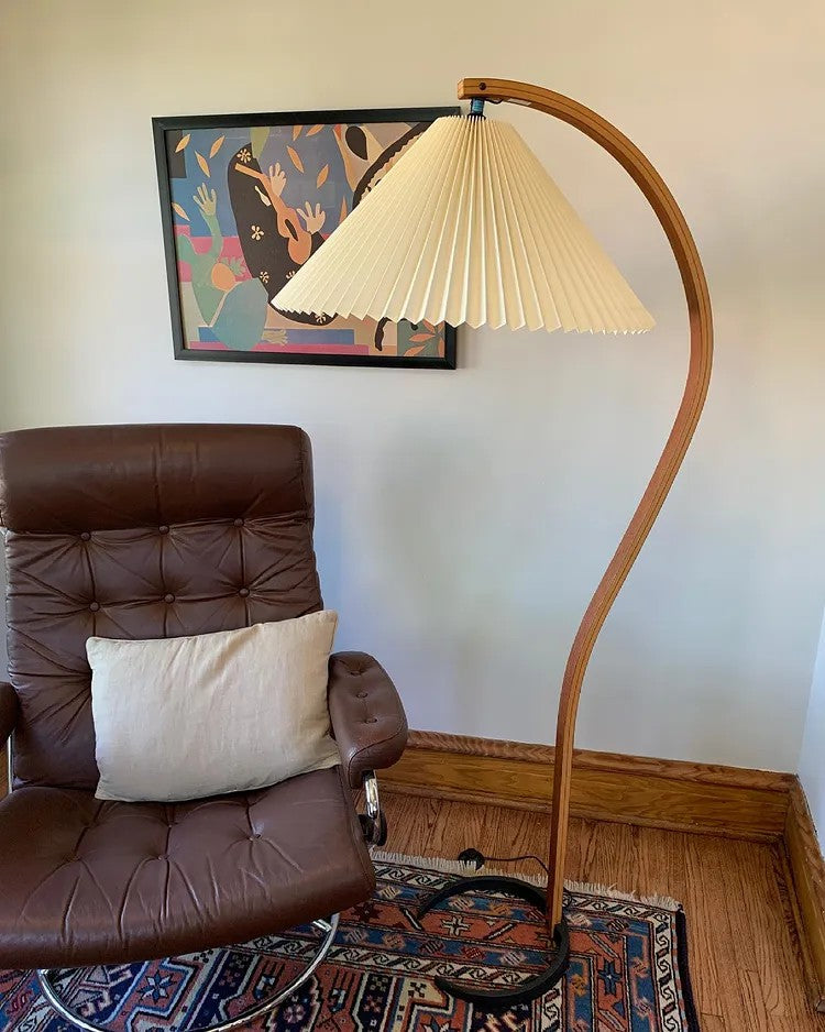 Scandinavian Beech Wood Floor Lamp with Pleated Linen Shade Mid Century Modern Standing Light