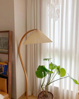 Scandinavian Beech Wood Floor Lamp with Pleated Linen Shade Mid Century Modern Standing Light