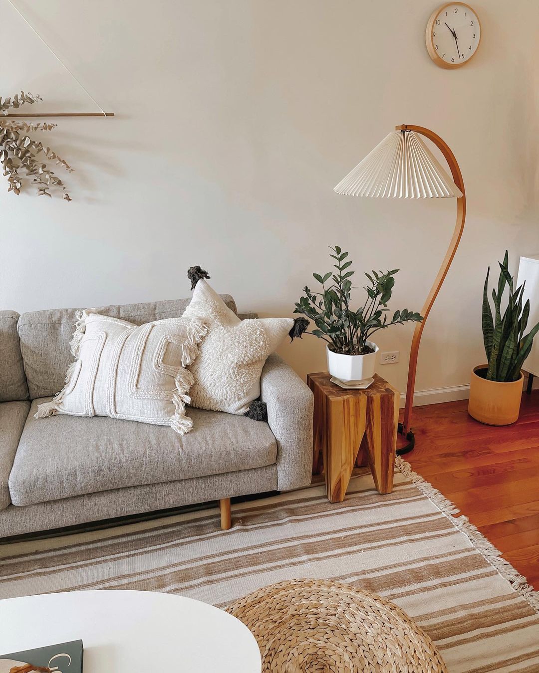 Scandinavian Beech Wood Floor Lamp with Pleated Linen Shade Mid Century Modern Standing Light