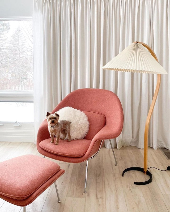 Scandinavian Beech Wood Floor Lamp with Pleated Linen Shade Mid Century Modern Standing Light
