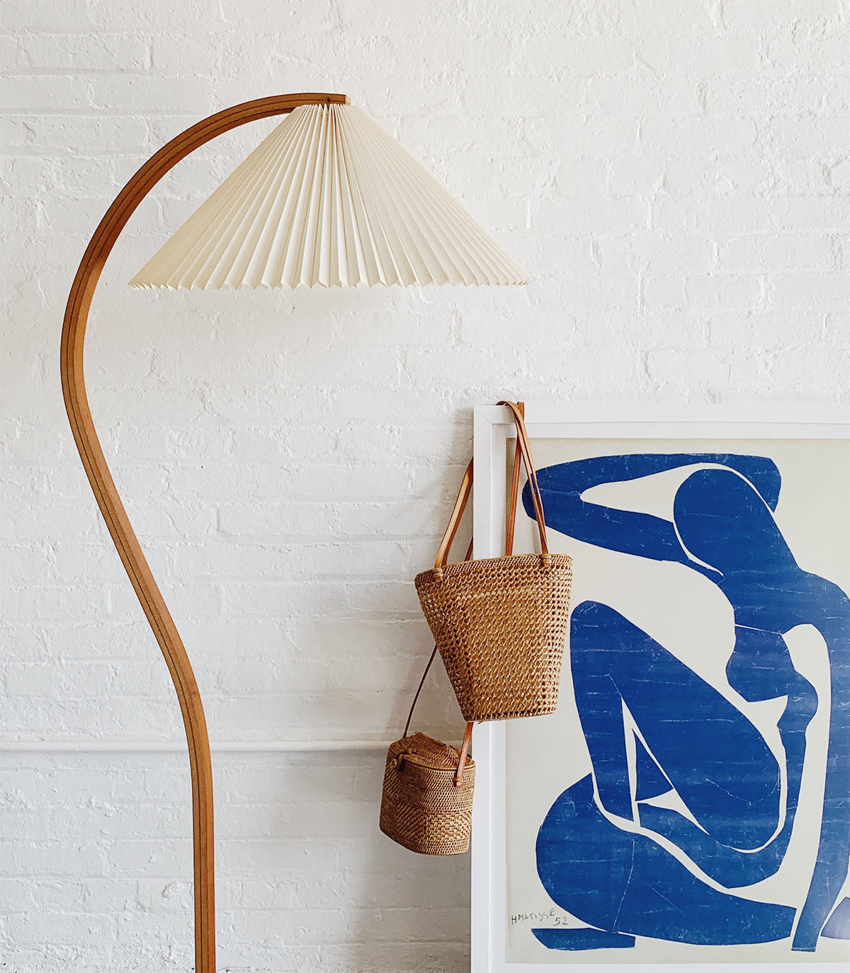 Scandinavian Beech Wood Floor Lamp with Pleated Linen Shade Mid Century Modern Standing Light