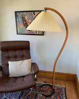 Scandinavian Beech Wood Floor Lamp with Pleated Linen Shade Mid Century Modern Standing Light