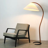Scandinavian Beech Wood Floor Lamp with Pleated Linen Shade Mid Century Modern Standing Light