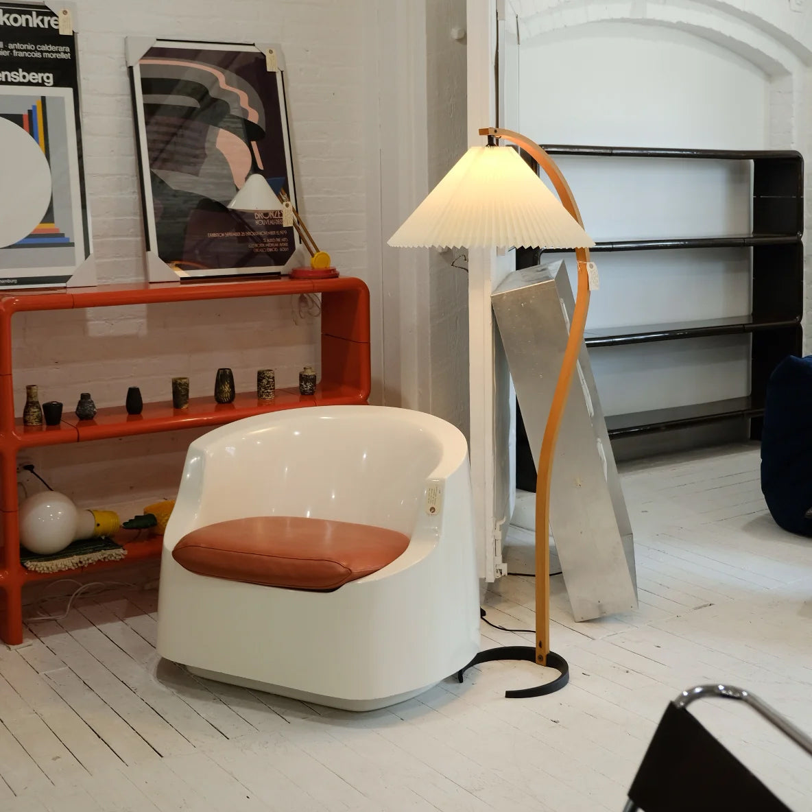 Scandinavian Beech Wood Floor Lamp with Pleated Linen Shade Mid Century Modern Standing Light