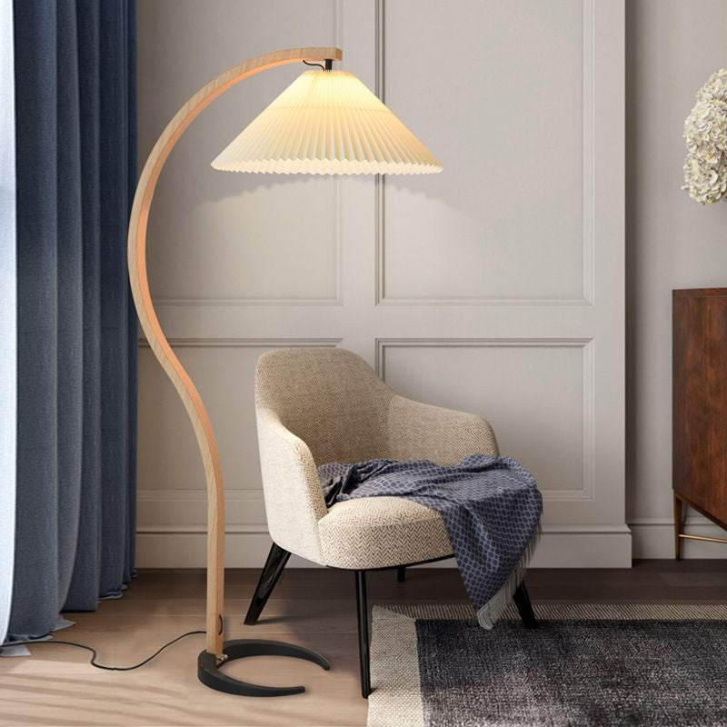 Scandinavian Beech Wood Floor Lamp with Pleated Linen Shade Mid Century Modern Standing Light