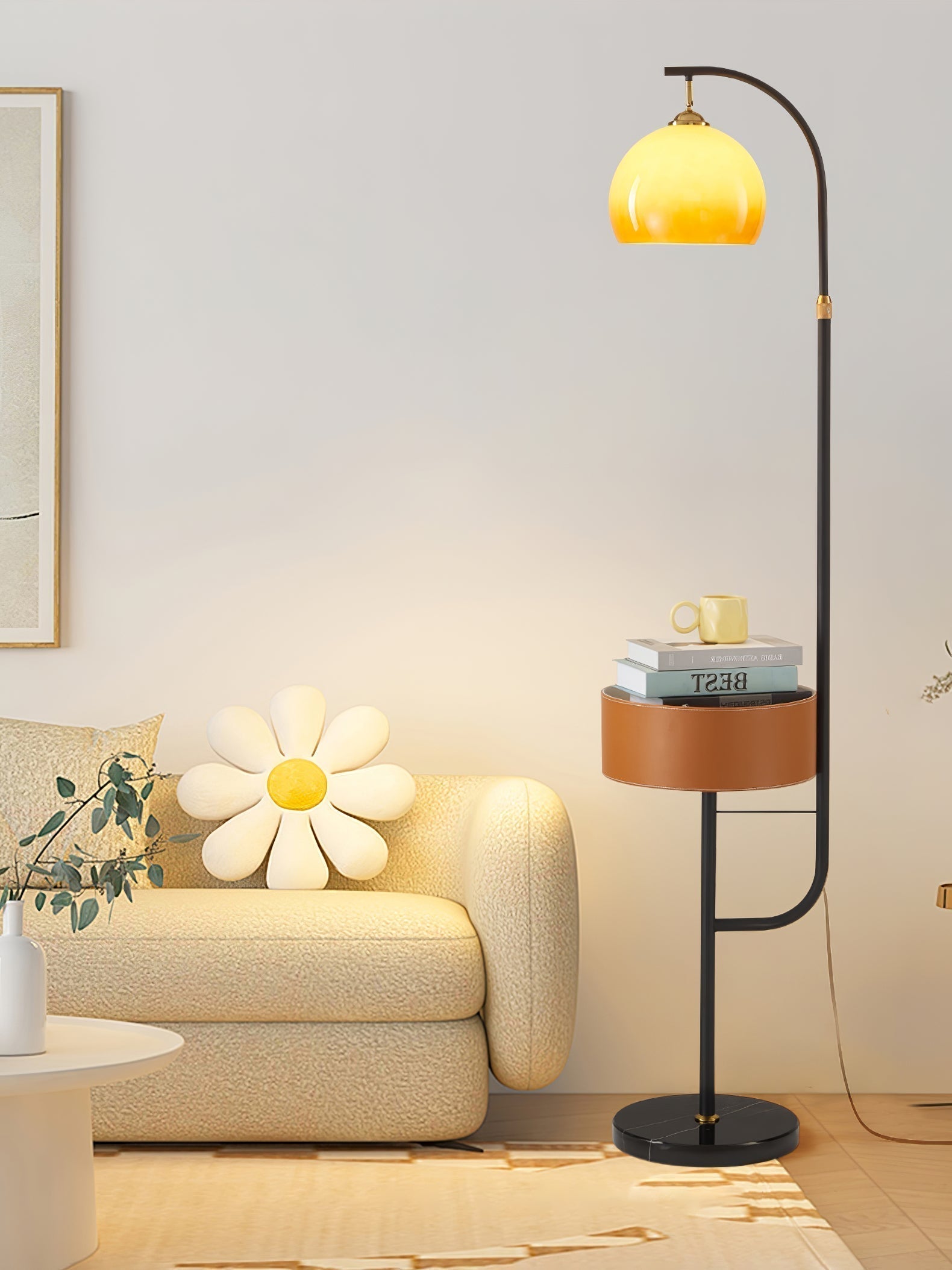 Mid Century Caramel Glass Arch Floor Lamp with Integrated Wooden Side Table