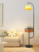 Mid Century Caramel Glass Arch Floor Lamp with Integrated Wooden Side Table