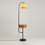 Mid Century Caramel Glass Arch Floor Lamp with Integrated Wooden Side Table