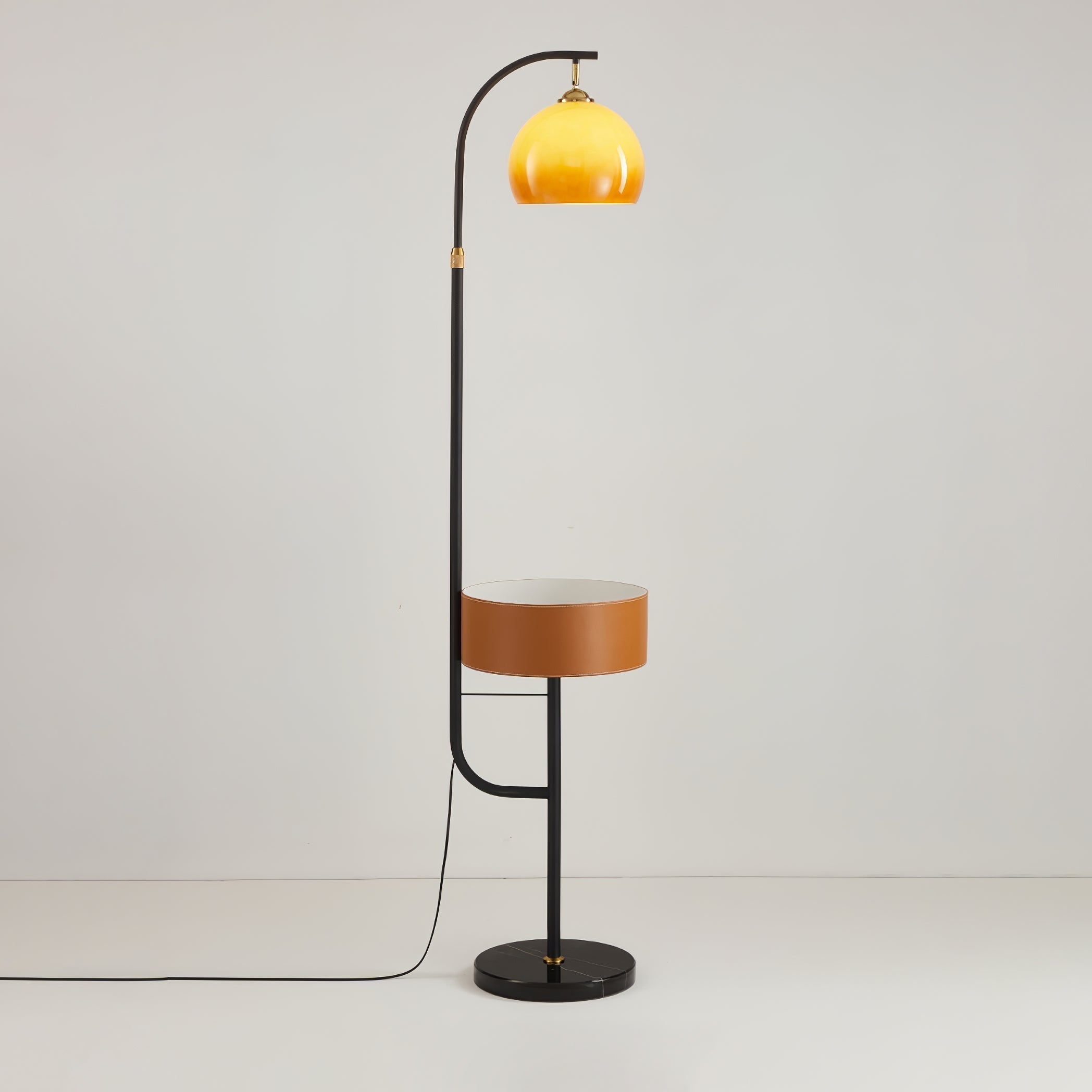 Mid Century Caramel Glass Arch Floor Lamp with Integrated Wooden Side Table