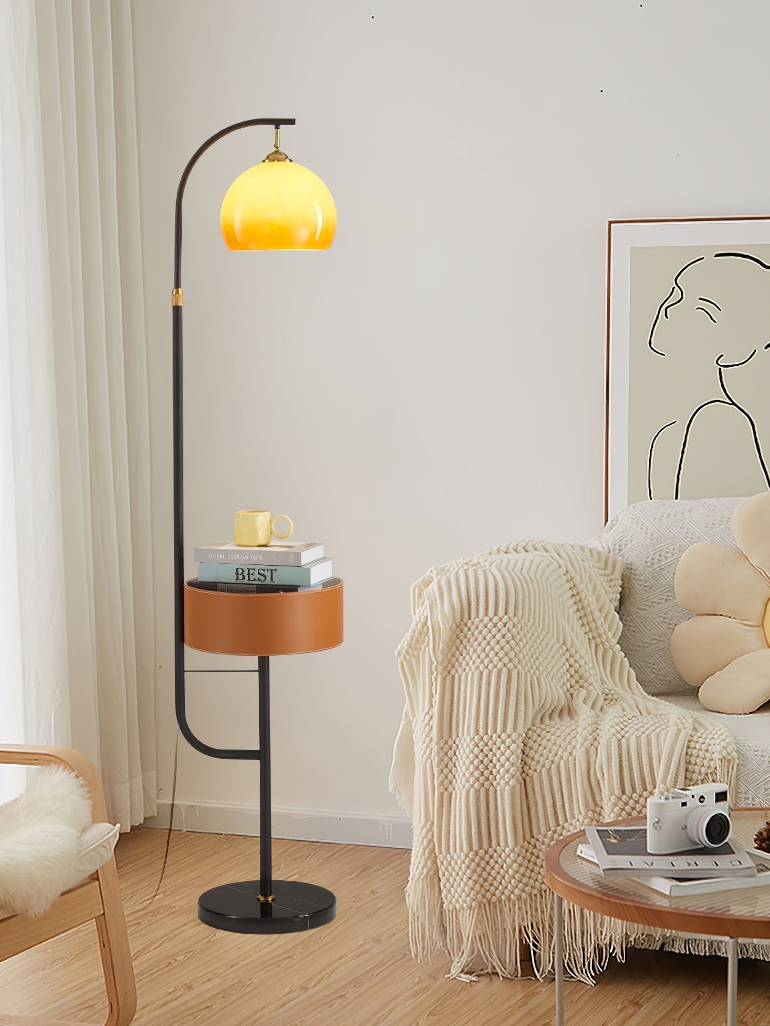 Mid Century Caramel Glass Arch Floor Lamp with Integrated Wooden Side Table