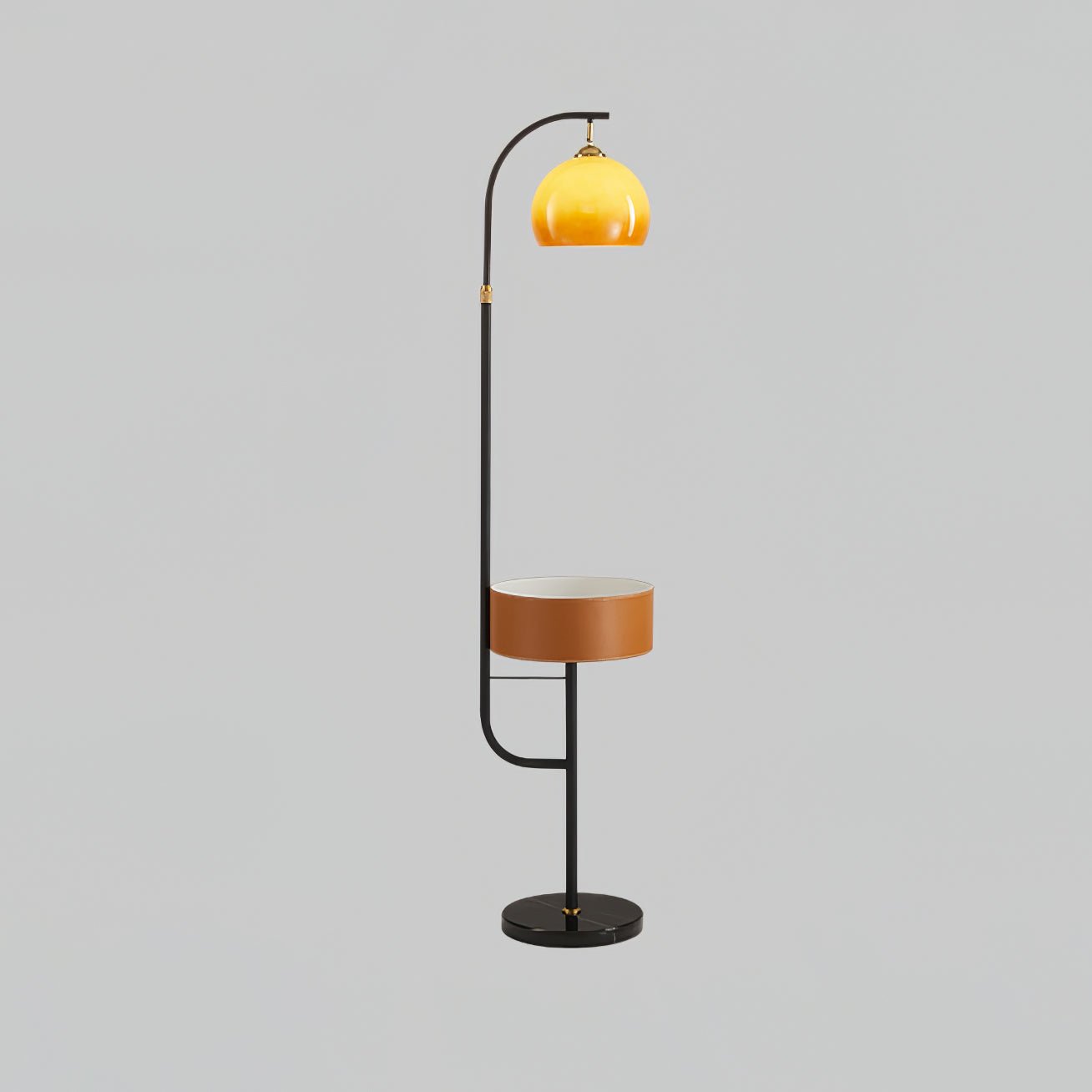 Mid Century Caramel Glass Arch Floor Lamp with Integrated Wooden Side Table