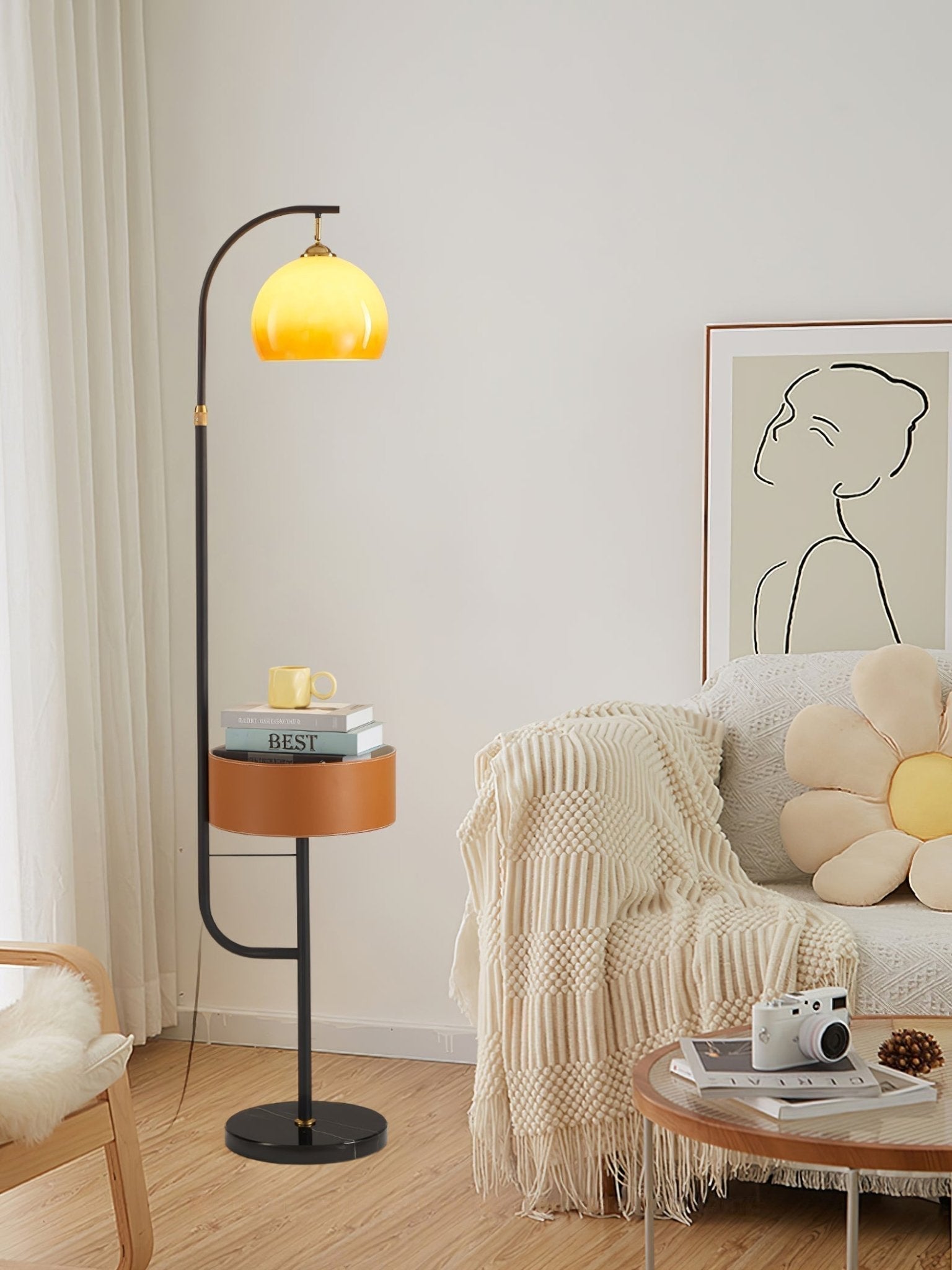 Mid Century Caramel Glass Arch Floor Lamp with Integrated Wooden Side Table
