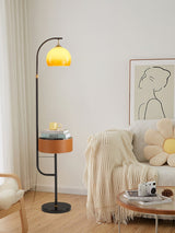Mid Century Caramel Glass Arch Floor Lamp with Integrated Wooden Side Table