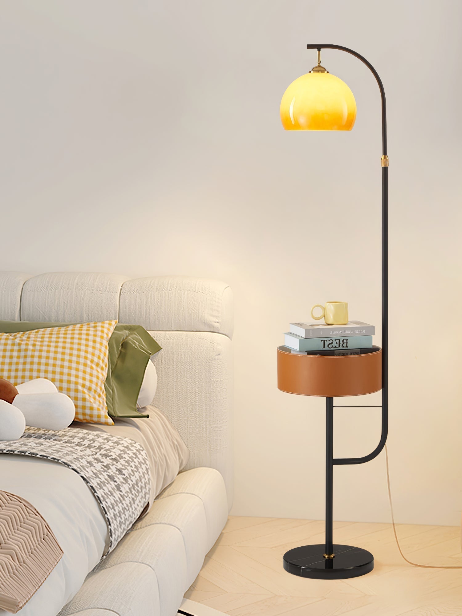 Mid Century Caramel Glass Arch Floor Lamp with Integrated Wooden Side Table