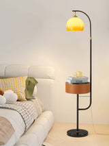 Mid Century Caramel Glass Arch Floor Lamp with Integrated Wooden Side Table