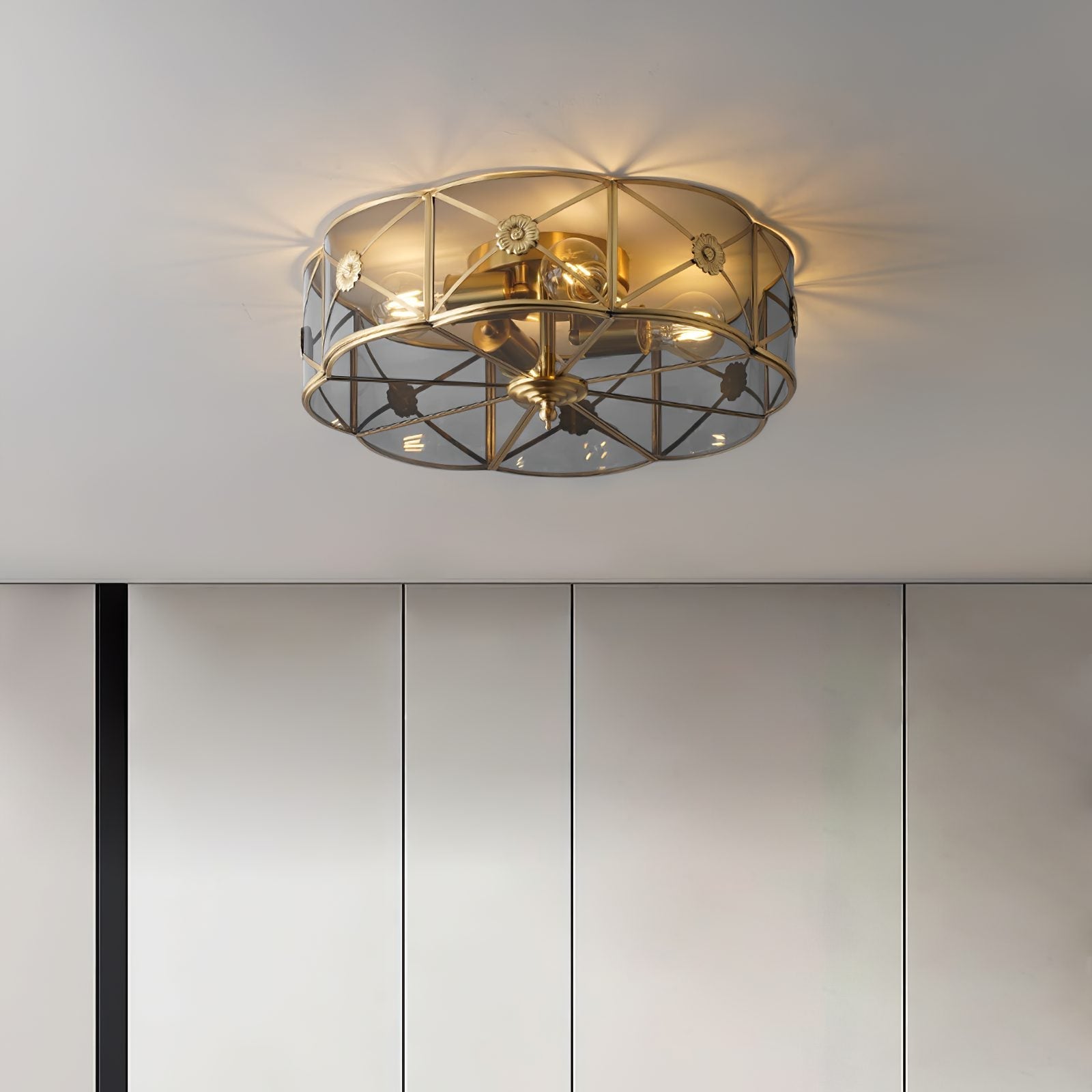 vintage-industrial-carved-brass-flush-mount-ceiling-lamp-with-glass-shade